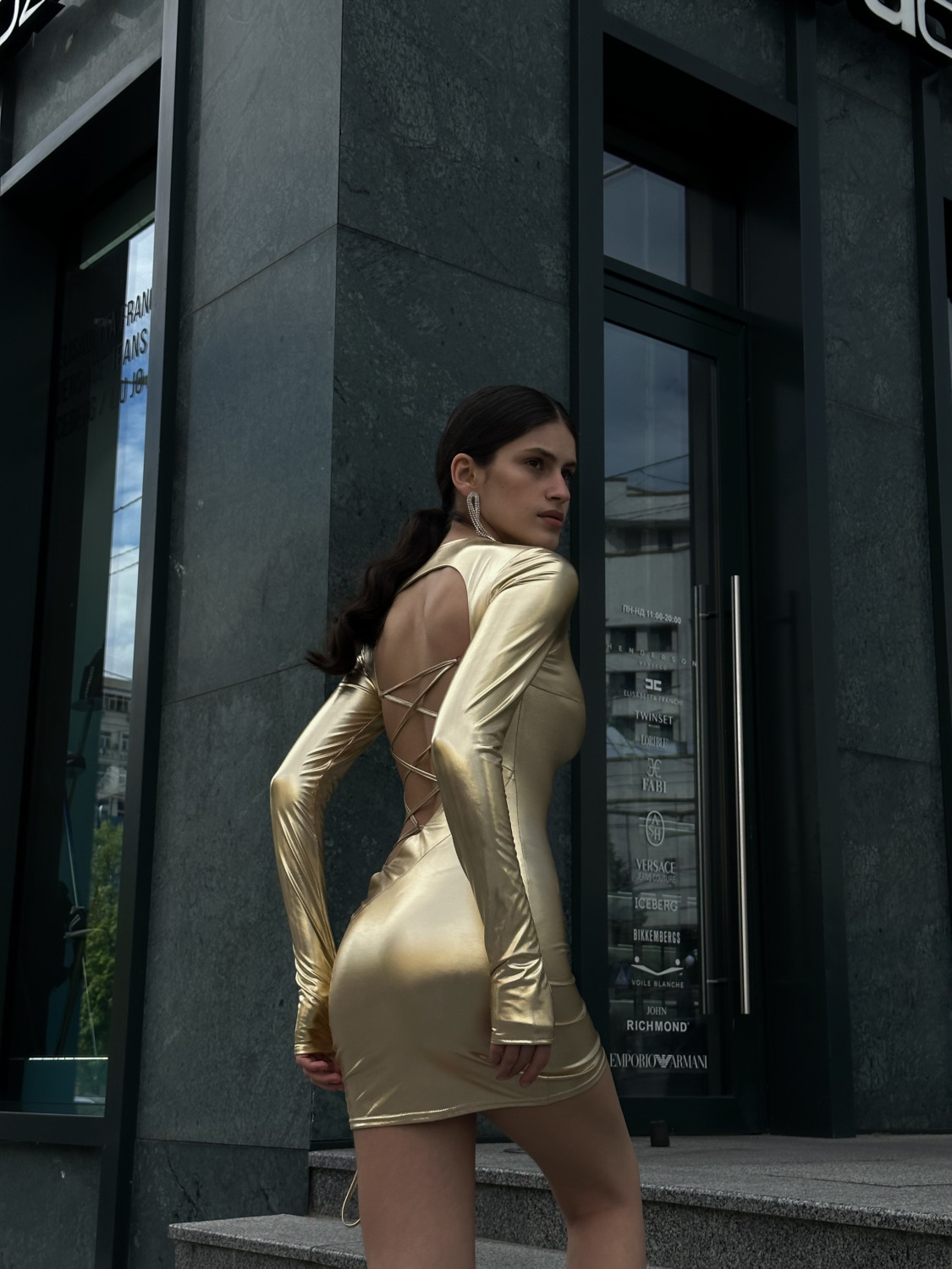 Gold mini dress with ties on the back