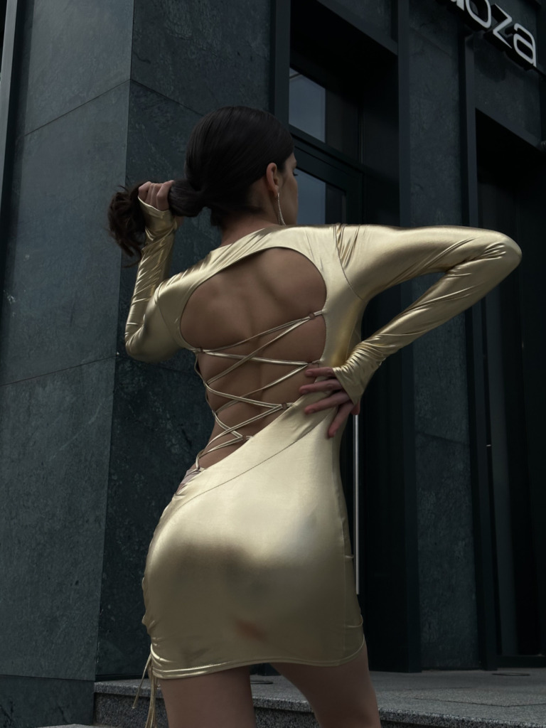 Gold mini dress with ties on the back