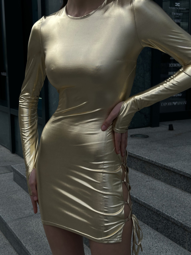 Gold mini dress with ties on the back