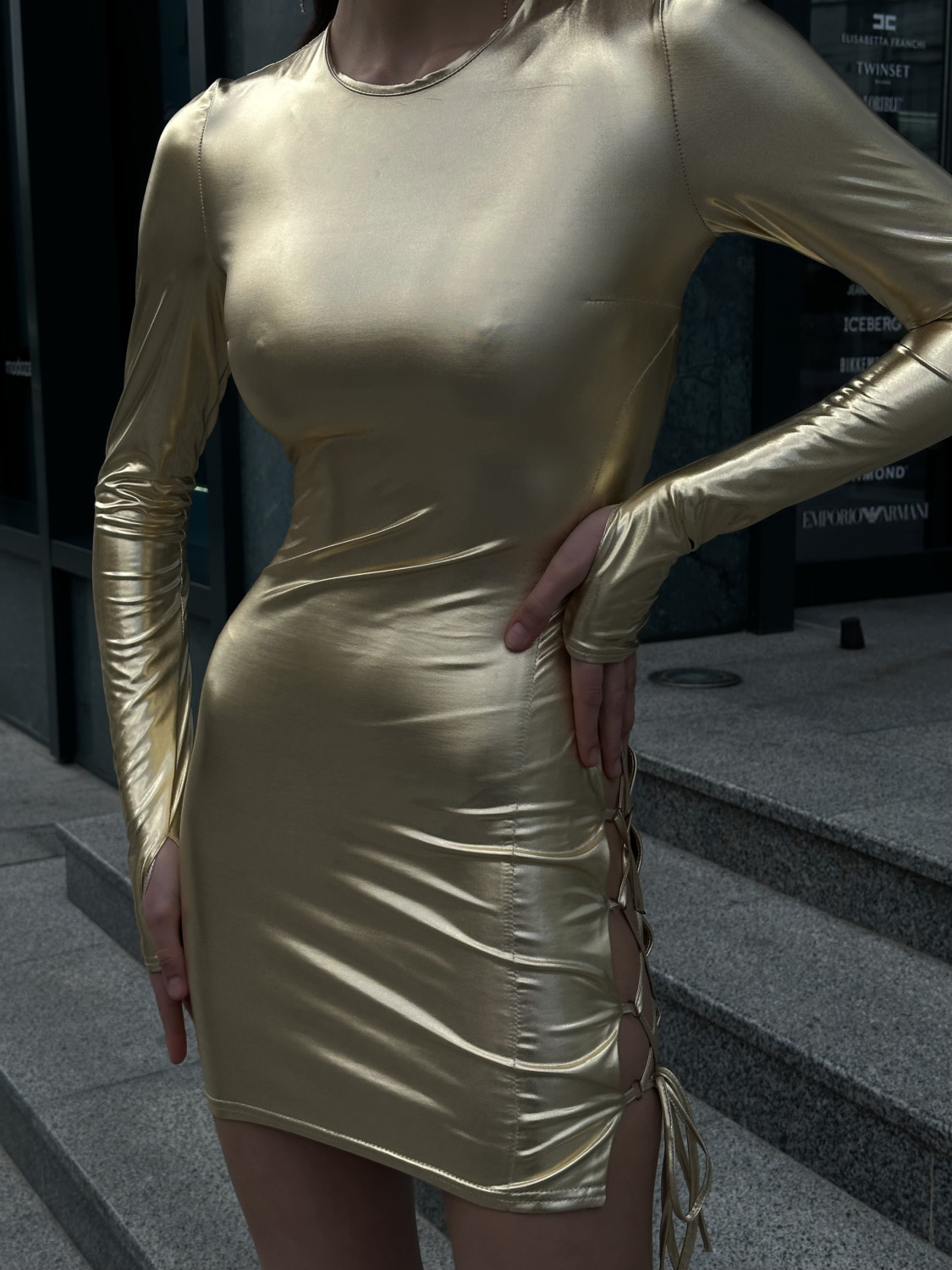 Gold mini dress with ties on the back