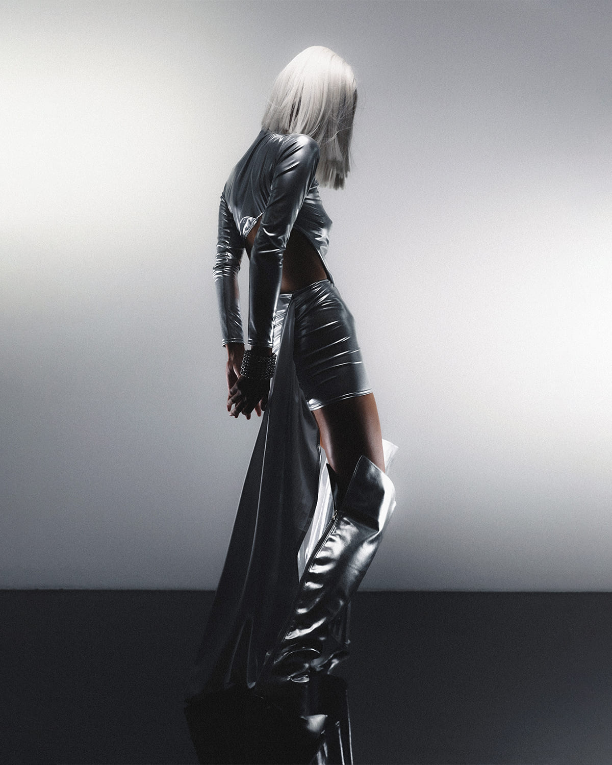 Silver dress with a figure-hugging neckline