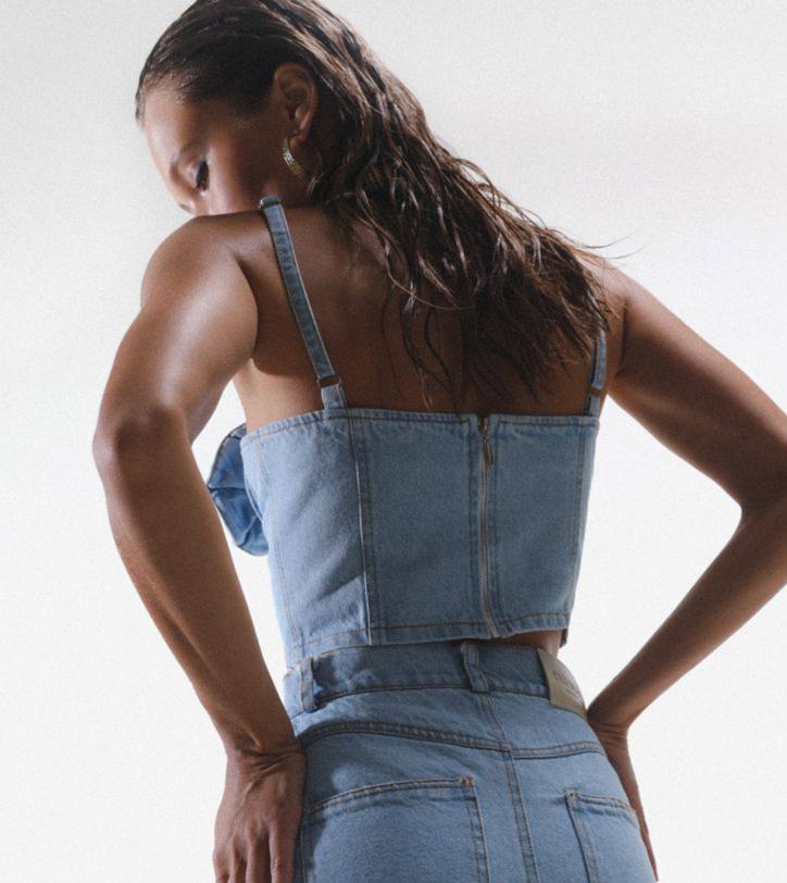 Denim top with roses Light blue
