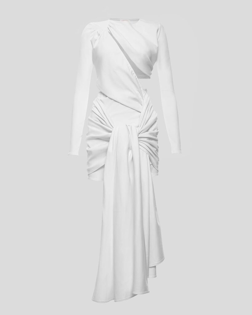 A white dress with a figure-hugging neckline