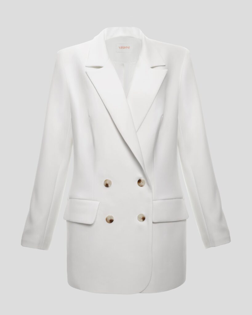 Double-breasted white blazer