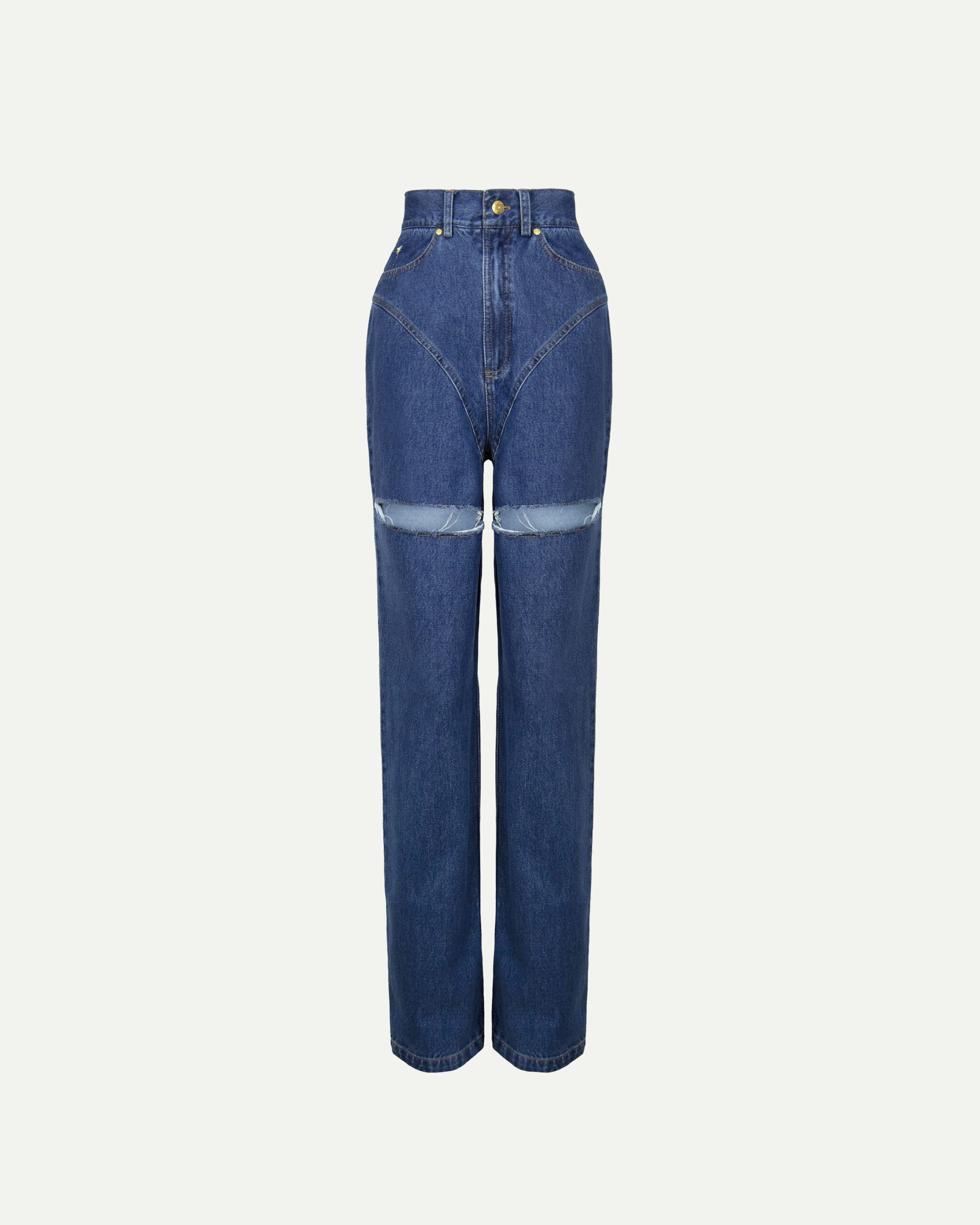 Blue jeans with front cutouts