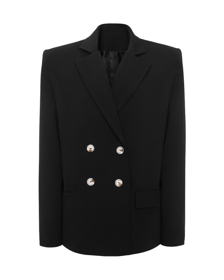 A classic suit with an oversized black jacket