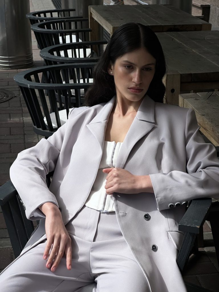 Double-breasted grey blazer