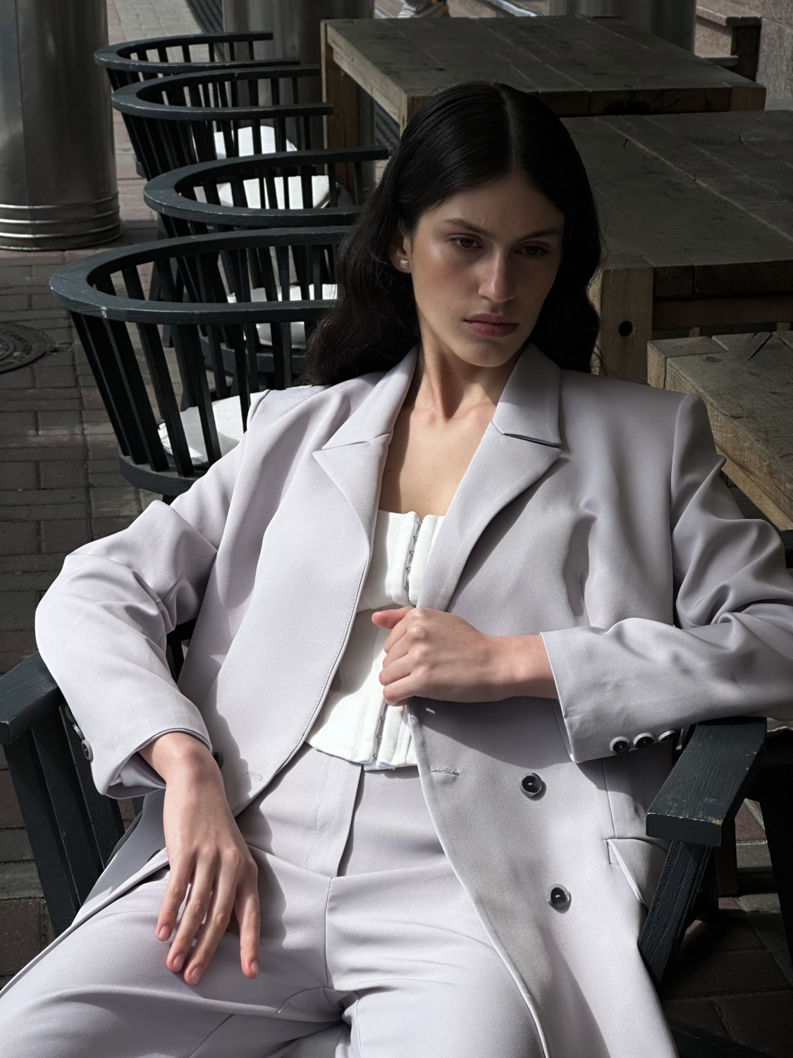 Double-breasted grey blazer