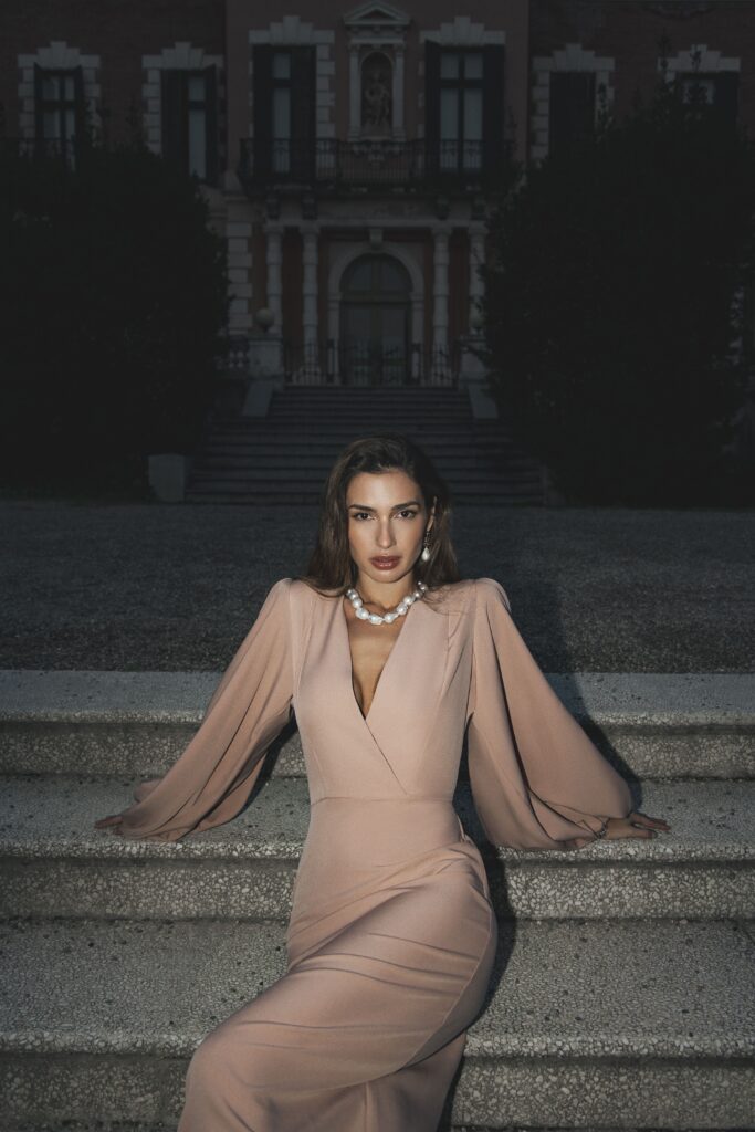 Beige faux-wrap dress