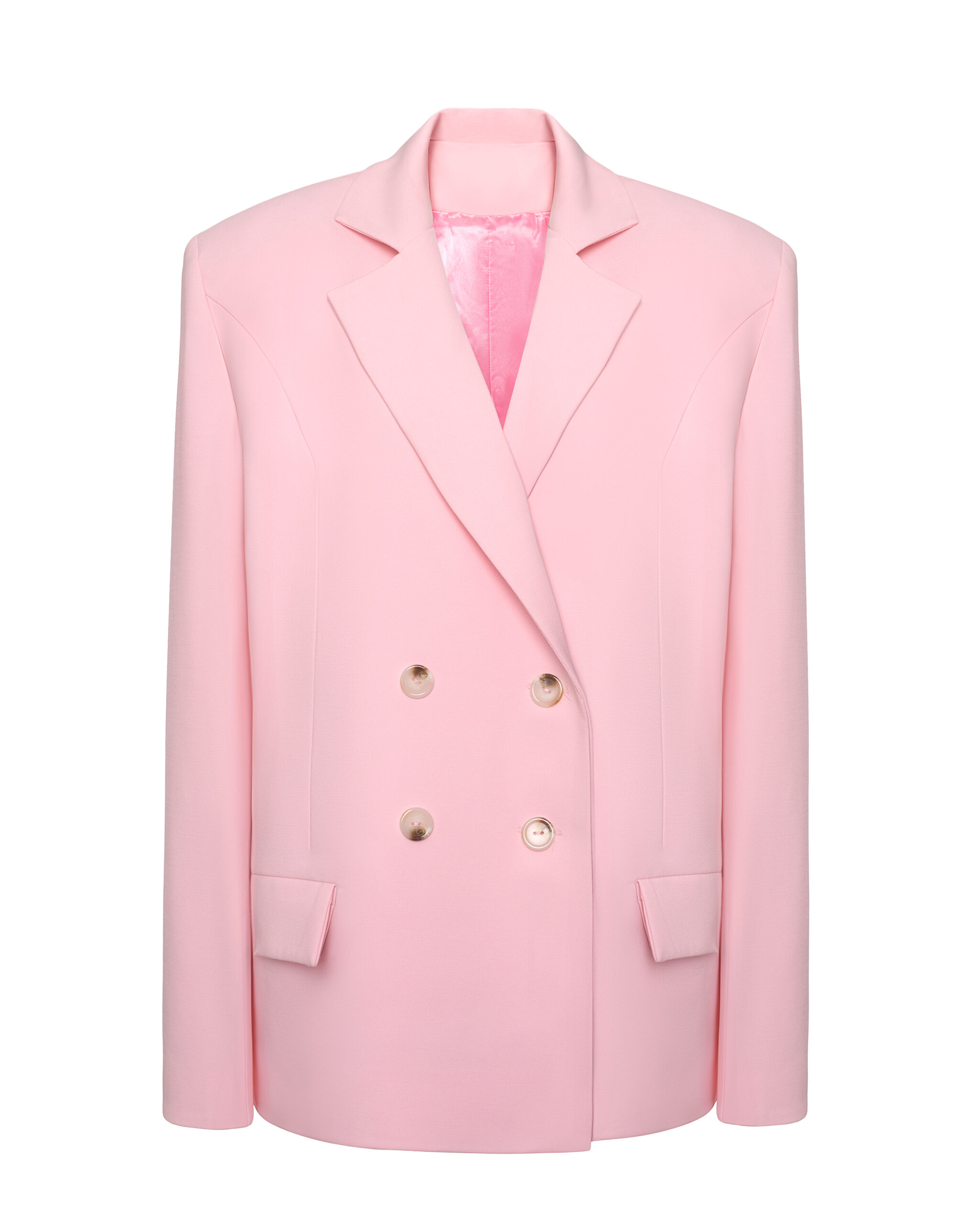 A classic suit with an oversized pink jacket