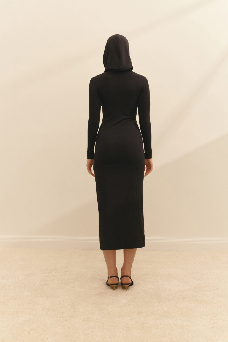 The dress with a hood is black