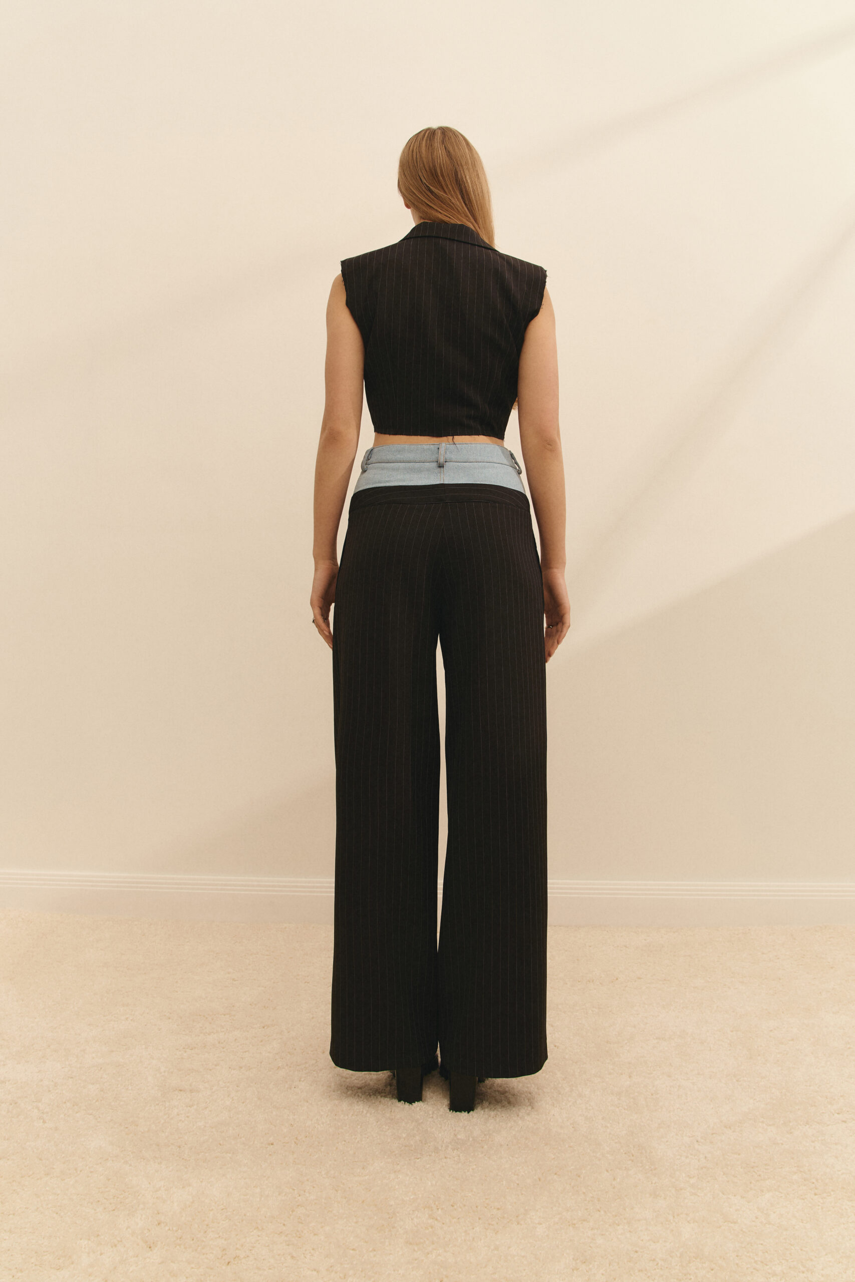 Striped suit: waistcoat and trousers with a denim belt