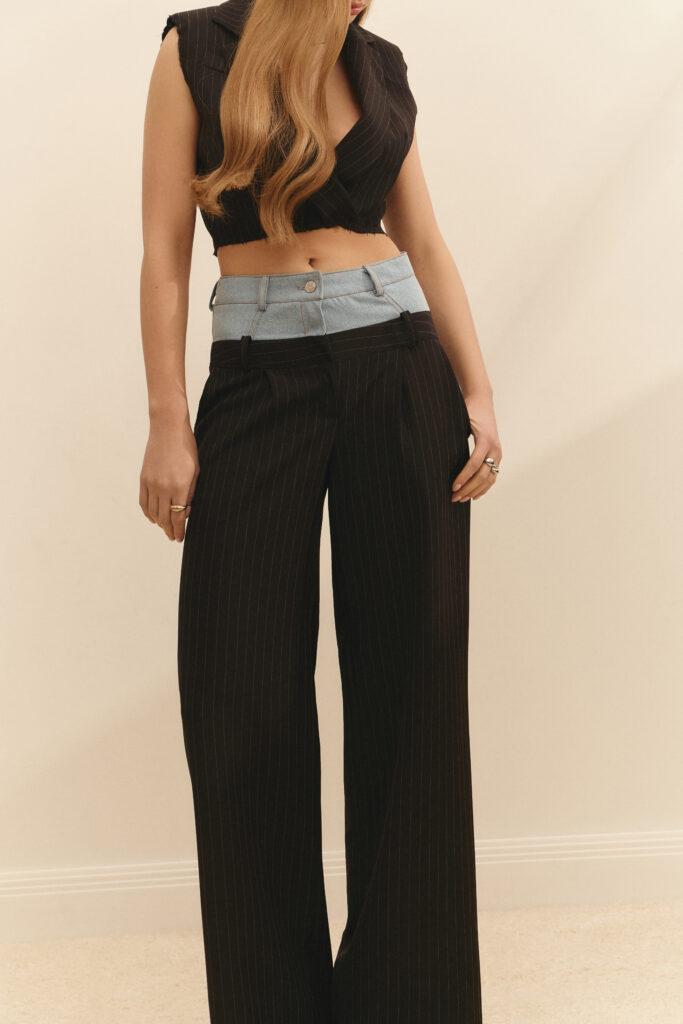 Striped suit: waistcoat and trousers with a denim belt