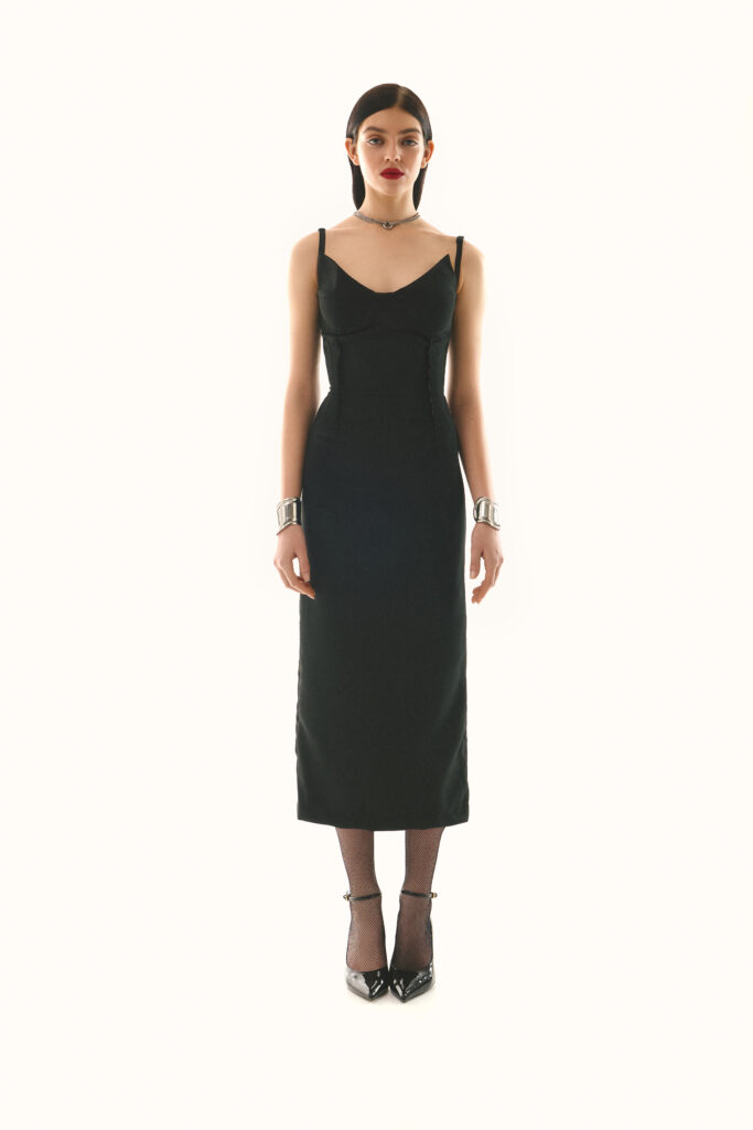 Sheath dress with an accent bodice is black