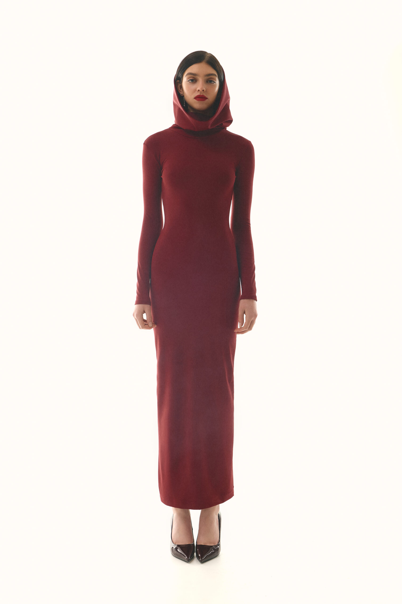 The dress with a hood is burgundy