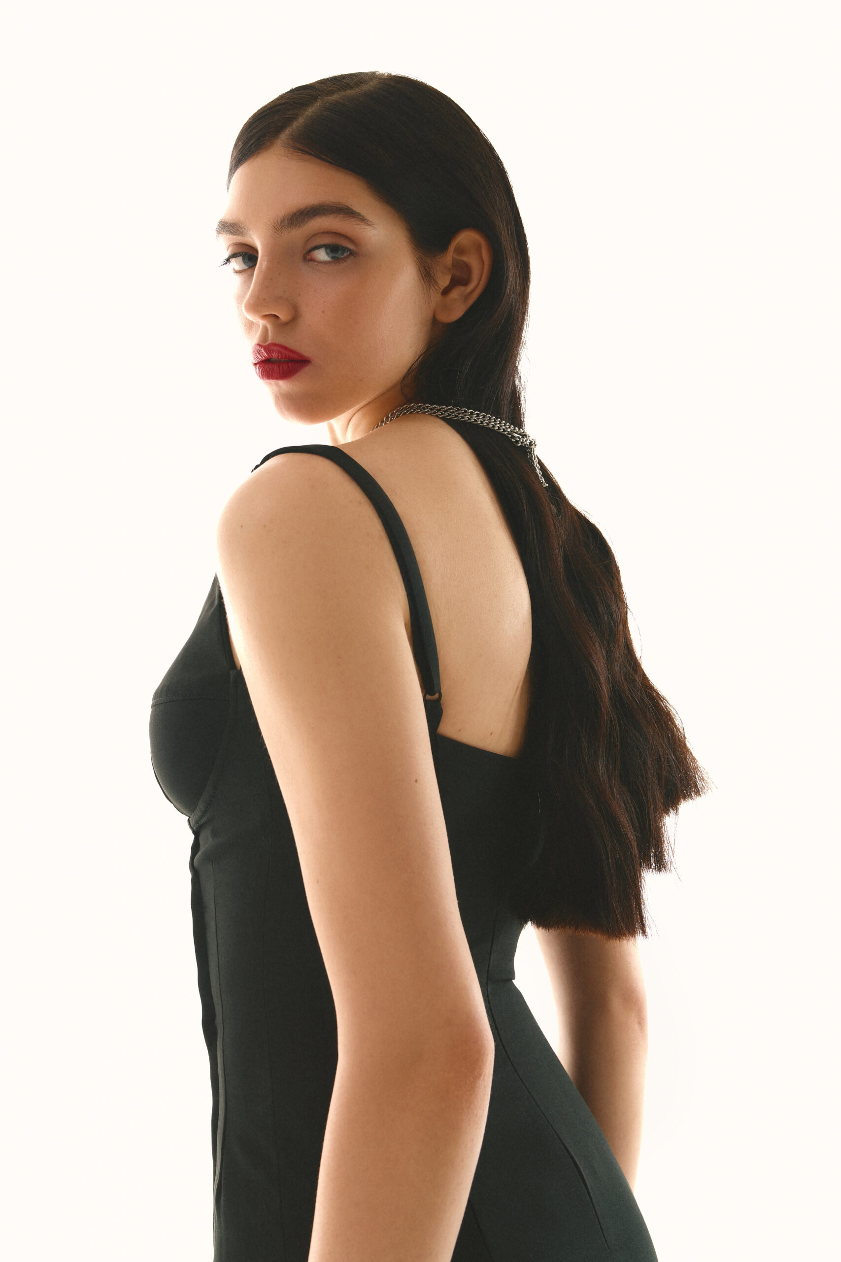 Sheath dress with an accent bodice is black