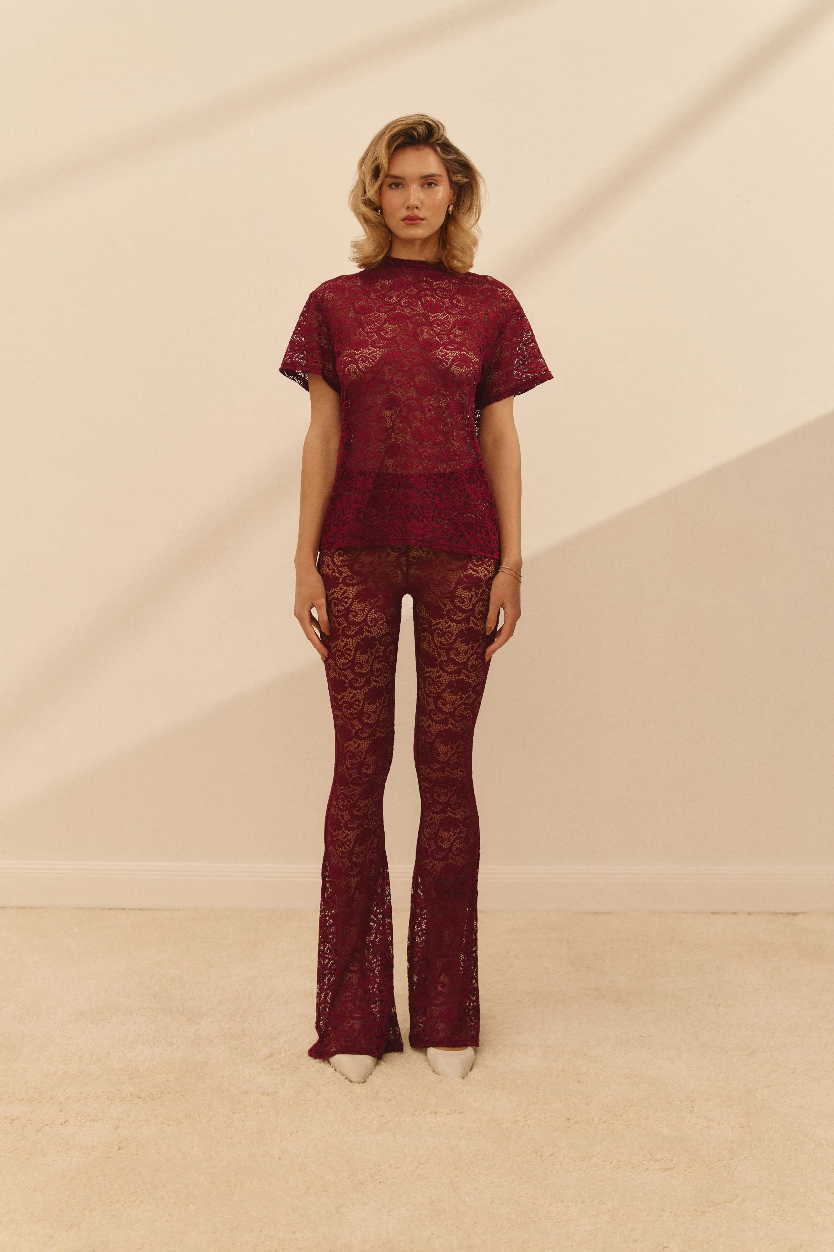 Set: T-shirt and Flared Pants Bordeaux