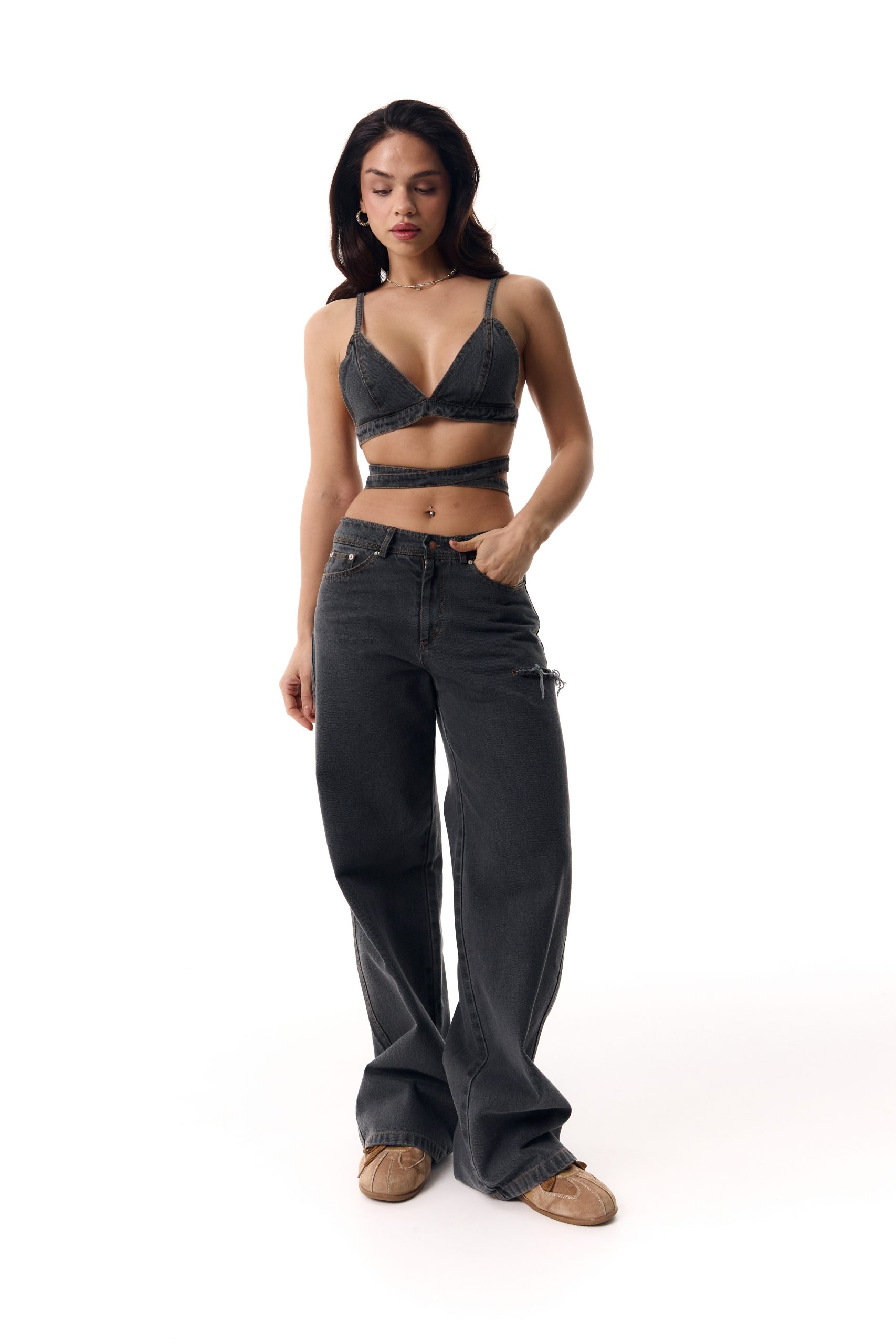 Denim top with long ties