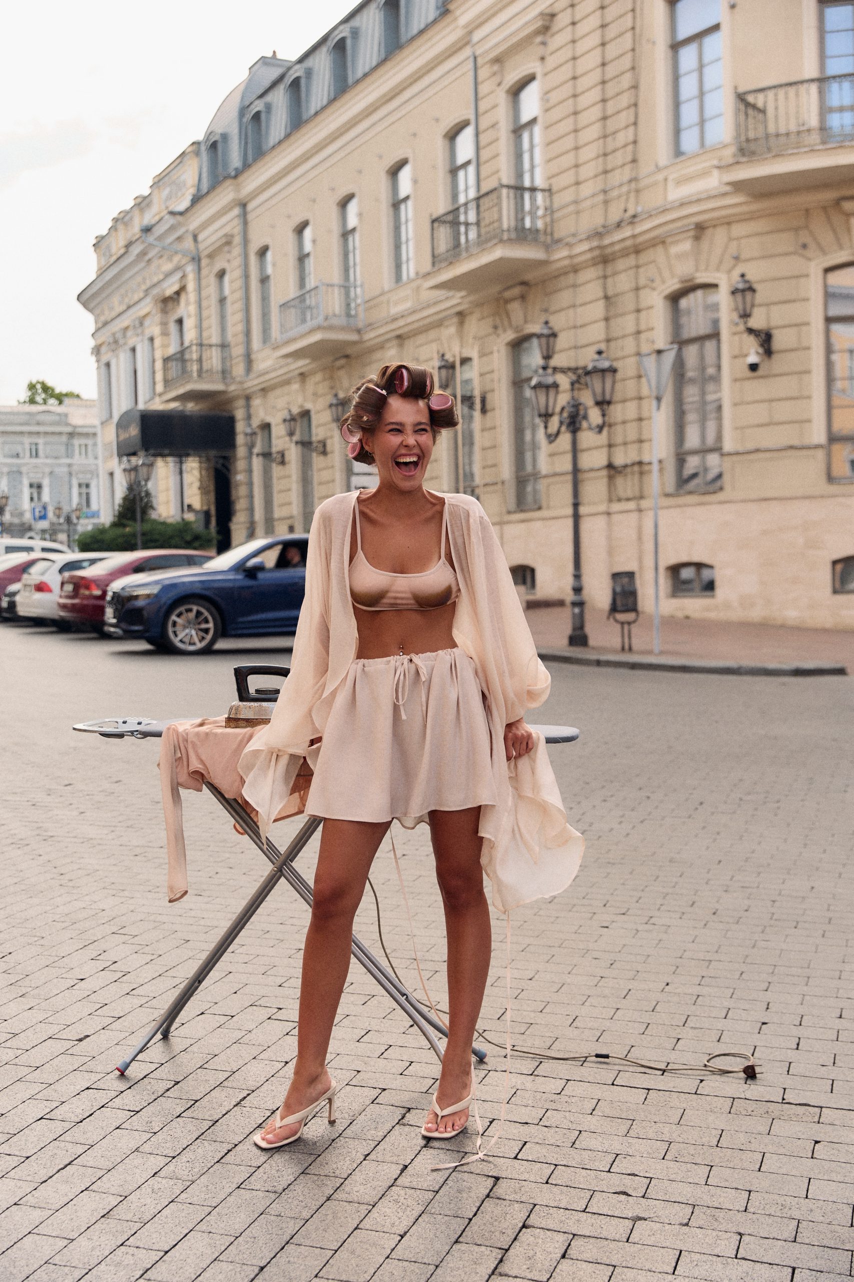 Short Double Chiffon Skirt in Beige