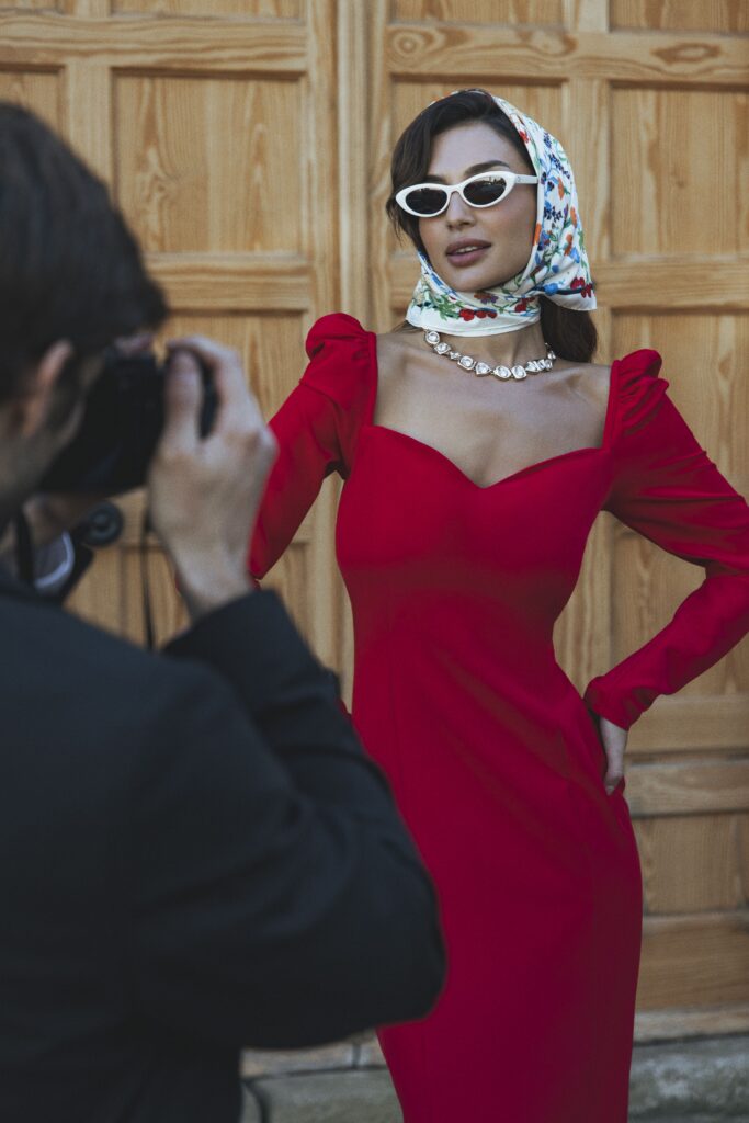 Red fitted midi dress