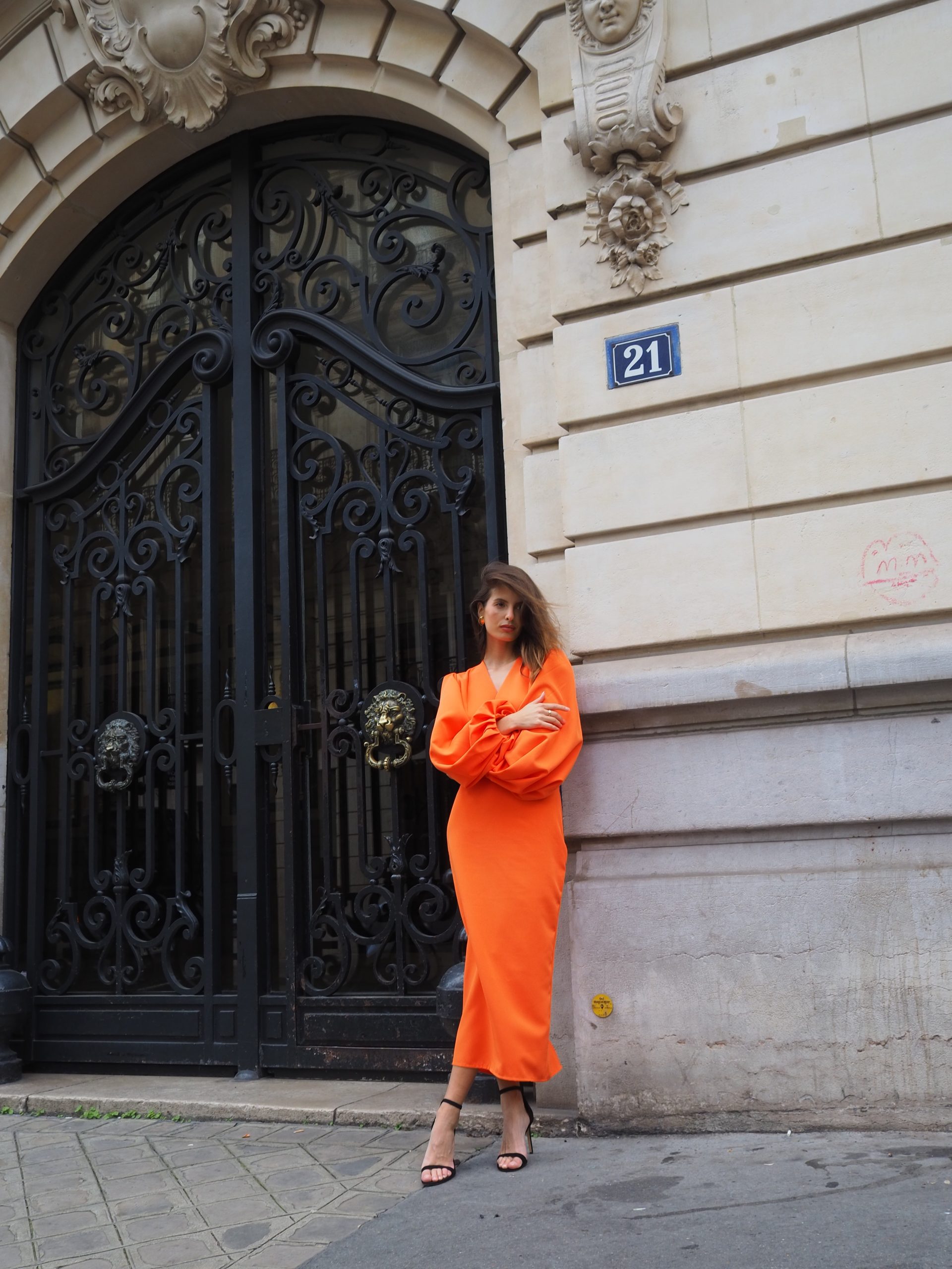 Orange faux-wrap dress