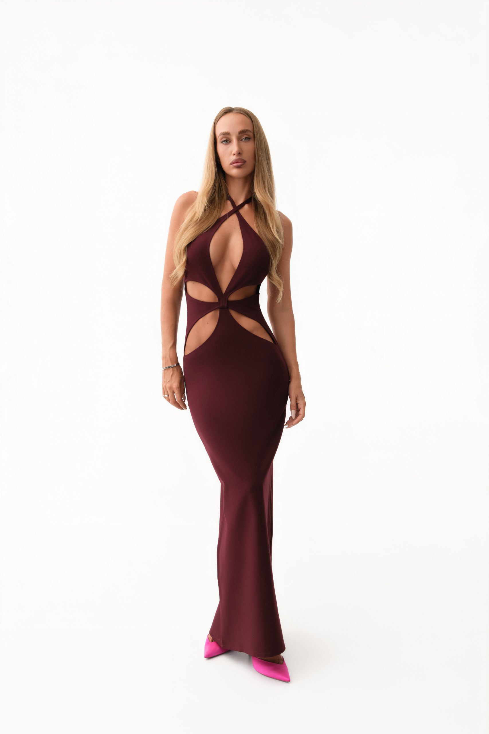 Burgundy Dress with Waist Cut-Outs